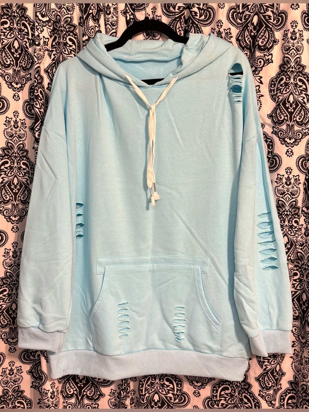 Women’s Light Blue Distressed/Slash Hoodie with Kangaroo Pocket